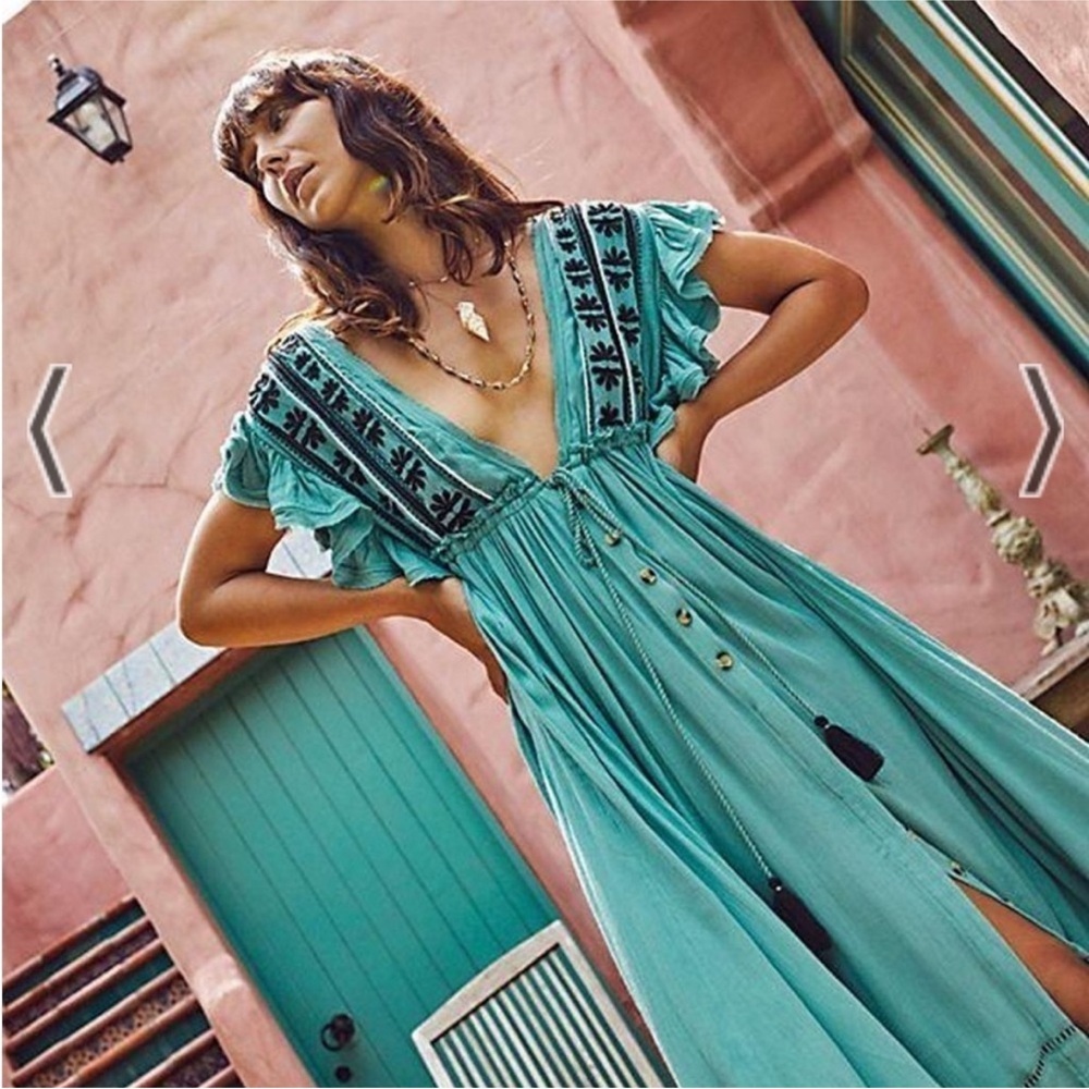 Free People Sage Green Embroidered V-Neck Maxi Dress - Picture 15 of 15